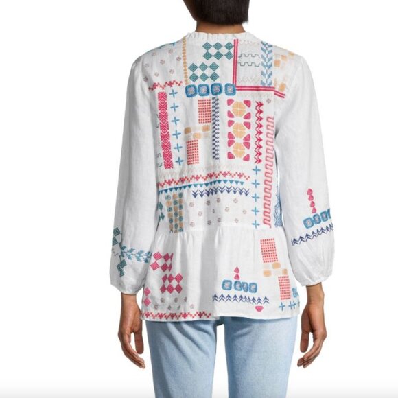 Johnny Was Embroidered Linen Katie Peplum Field Blouse White NWT - Picture 3 of 5